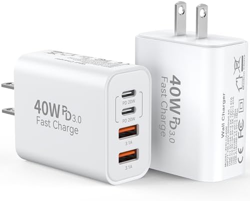 Ultimate 40 W Multiport USB-C Fast Charger – High-Efficiency 4-Port Power Adapter with Quick Charge 3.0 & Power Delivery for Super-Fast Device Charging – Sleek, Portable Design Perfect for Travel – Convenient 2-Pack for Enhanced Versatility and Easy Charging on the Go