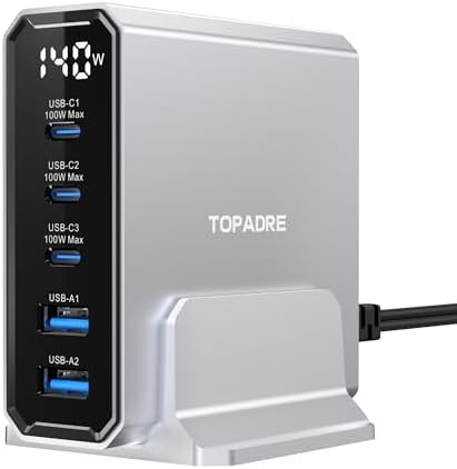 Power Up with the 140 W Ga N USB-C Charging Station: 5-Port High-Speed Charger for Mac Book, i Phone 15, and Samsung Galaxy – Enhanced Display for Real-Time Monitoring, Sleek Black Design, Perfect for Home & Office Use