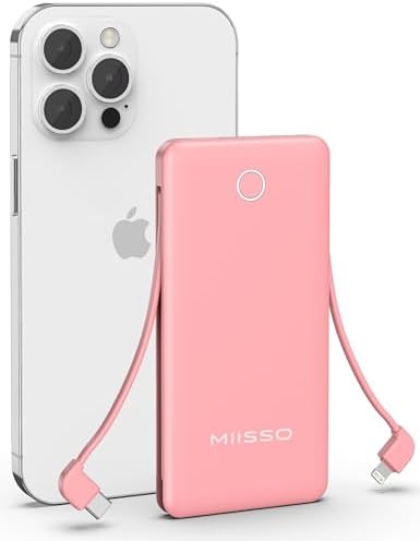 miisso 10000 m Ah Ultra-Slim Portable Power Bank with Integrated Charging Cables – Multi-Device USB-C Travel Charger for i Phone & Samsung – Compact, Lightweight Battery Pack Designed for Maximum Portability and Efficiency