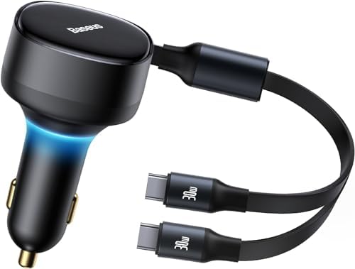 Baseus 33 W Retractable Dual USB-C Car Charger – Fast Charge Your Samsung Galaxy & Tablets on the Go, Sleek Black Design, Compact & Portable, Enhanced Safety Features for Effortless Travel Power Solutions