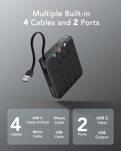 VRURC 20000 m Ah Portable Power Bank with Integrated Cables – Ultimate Travel Companion for i Phone 11-16 & Samsung Galaxy Series – Rapid 22.5 W Fast Charging Efficiency, Compact Design for On-the-Go Convenience – Essential Battery Pack for Uninterrupted Connectivity