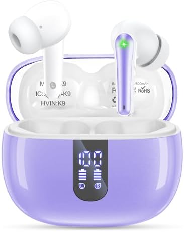 Experience Unmatched Audio Quality with Bluetooth 5.3 Wireless Earbuds – 60-Hour Playtime, IPX7 Waterproof, LED Charging Case, and Built-in Microphone for Crystal Clear Calls – Chic Purple Design for Comfort and Versatile Use