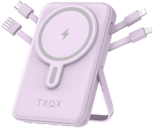 Ultra-Sleek 10000 m Ah Wireless Magnetic Power Bank – Fast Charging Portable Charger with Built-in Cables & LED Display – Compatible with i Phone 16/15/14/13/12/Pro/Mini/Pro Max (Purple) – Convenient On-the-Go Power Solution with Integrated Stand and Mag-safe Technology