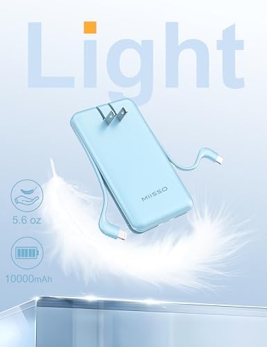 miisso Ultra Slim 10000 m Ah Portable Power Bank with Built-in Cables and Foldable Wall Plug – Compact USB-C Charger for i Phone, Samsung, i Pad & More – Perfect Travel Companion for On-the-Go Charging Efficiency
