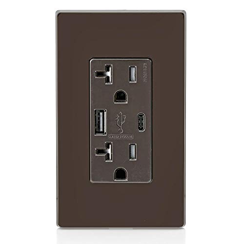 Leviton Dual USB In-Wall Charger with 20 A Tamper-Resistant Outlet – Type A & Type-C Compatibility for Smartphones and Tablets, Light Almond Finish – Streamlined Charging Solution for Home and Office Spaces