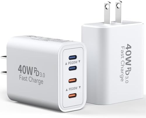 40 W USB C Charger Block – Dual Pack of 4-Port Fast Charging Power Bricks with PD & QC 3.0 Technology for i Phone 16/15/14/13/12/11 Pro Max, i Pad, Galaxy, Pixel – Sleek White & Blue Design for Convenient Multi-Device Charging