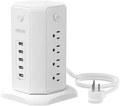 10 ft NTONPOWER Power Strip Tower with 8 Outlets & 5 USB Ports – Premium Surge Protector with Individual Switches, 1080 Joules Protection, 13 A Circuit Breaker – Ideal for Home Office & Entertainment Setup, Sleek Black Design for Ultimate Convenience