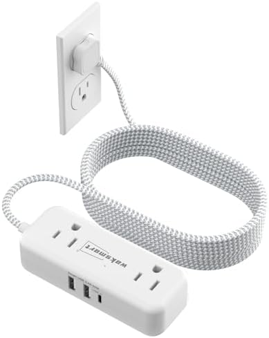 Sleek Flat Plug Power Strip with 5 Ft Extension Cord – 4 AC Outlets & 3 Fast-Charging USB Ports (5 V/3.4 A) – Compact Travel-Friendly Power Solution for College Dorms, Home Offices, and On-the-Go Charging – Maximize Space and Connectivity