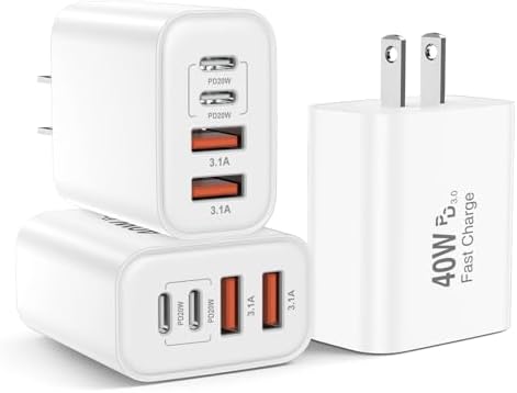 40 W 3-Pack USB C Fast Charging Wall Charger – 4-Port Multi-Device Power Adapter for i Phone 16/15/14/13/12/11 Pro Max, i Pad Pro/Air/Mini – Dual PD & QC Technology for Rapid, Simultaneous Charging – Compact, Durable Design for Home and Travel