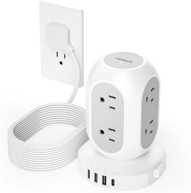 TESSAN Surge Protector Power Strip Tower with 10 Ft Flat Plug Extension Cord – 8 AC Outlets & 4 High-Speed USB Ports (1 USB-C) – 1050 Joules Protection – Ideal Charging Station for Home, Office, and Dorm Room Use – Maximize Safety and Organization