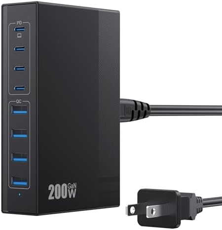 Revolutionize Your Charging Experience: 200 W Ga N III USB C Travel Charger Hub – 8-in-1 Multi-Device Fast Charging Station for Mac Book Pro, Dell XPS, i Phone 16/15/14 & Galaxy S24 – Compact, Lightweight Design with PD 65 W Power Delivery & Enhanced Compatibility – Stylish Purple Finish for Tech Enthusiasts