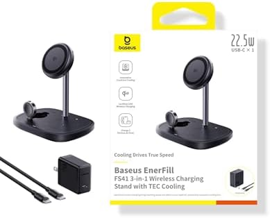 Baseus 3-in-1 Wireless Charger Stand – Qi2 Certified 15 W Fast Charging Station for i Phone 12-15, Apple Watch & Air Pods with 45 W Adapter – Stylish and Efficient Magnetic Charging Solution with Cooling Technology
