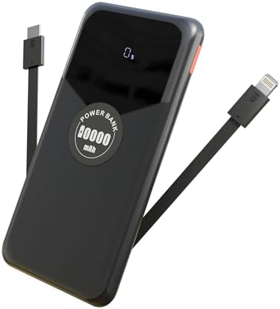 Ultra-Slim 10000 m Ah Power Bank with Integrated Cables – Rapid Charge Portable Charger for i Phone 15/16, Samsung & Android – 4 Device Outputs with Smart LED Display – Lightweight Travel Companion with Advanced Safety Features