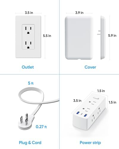Olcorife Slim Profile Flat Extension Cord Power Strip with 6 Versatile Outlets and 3 Fast-Charging USB Ports, 2000 Joules Surge Protection, 5 FT Space-Saving Cord for Organized Power Solutions in Tight Spaces and Modern Environments