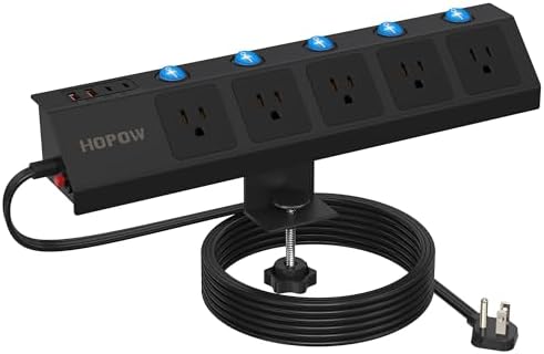 Maximize Your Workspace Efficiency with the 10 FT Desk Clamp Power Strip – 5-Outlet Surge Protector Featuring Individual Switches and Dual USB-C Ports (20 W PD) for Rapid Charging, Ideal for Home Office and Professional Use – Versatile Wall Mount and 1.7″ Tabletop Compatibility in Sleek Black Design