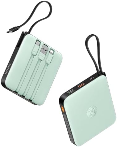 VRURC 10,000 m Ah USB C Portable Charger – Fast Charging Power Bank with Built-in Cable for i Phone 16/15/14, Galaxy S23/S22, Google Pixel & More – Lightweight Green Design for Ultimate Mobility and Reliability