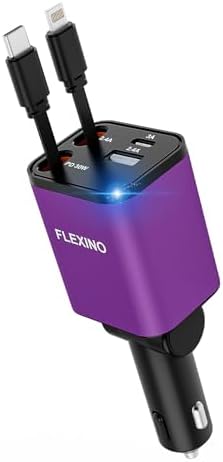 Premium Flexino Compact Retractable Car Charger for i Phone 16 – 69 W Fast Charging with Dual 2.6 ft USB C Cords | Efficient Power Adapter Compatible with i Phone 16/15/14/13/12 Series & Galaxy Devices | Sleek Grey Design for Ultimate Portability and Reduced Cable Clutter