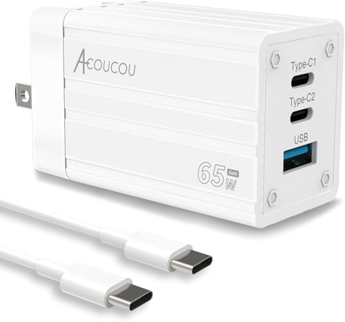 Power Up Efficiently: 65 W Ga N USB-C Charger with 3-Port Fast Charging Block for Mac Book, i Phone, i Pad & Samsung Devices – Universal Adapter with Type C Cable for Rapid Device Compatibility and Energy Efficiency
