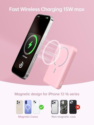 Magnetic 2-in-1 Wireless Portable Charger for Apple Watch & i Phone – 12000 m Ah Fast Charging Power Bank with 20 W Output for i Phone 16/15/14/13/12 & All Apple Watch Series – Compact Travel Essential in Pink – Charge 4 Devices Simultaneously with Advanced Safety Features
