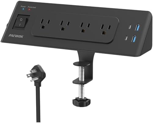 Maximize Your Workspace with Our Desk Clamp Power Strip Featuring USB C – 4 Outlets, 4 USB Ports, and 6.5 ft Flat Plug Extension Cord for Effortless Charging – Secure, Space-Saving Surge Protector for Tabletops Up to 2.2 Inches Thick, Sleek Black Finish Ideal for Home and Office Use, Enhanced Charging Speed and Device Compatibility