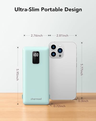 Charmast 10,000 m Ah Slim Power Bank with Integrated Cables & Fast Charging for i Phone and Samsung – Ultimate Travel Companion for On-the-Go Charging Needs with Built-in Convenience and Enhanced Device Compatibility