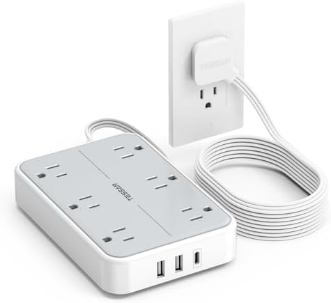 TESSAN 10 FT Flat Extension Cord with Surge Protection: Compact Power Strip Featuring 6 AC Outlets, USB-C & Dual USB-A Ports – Ideal for Home, Office, and Dorm Room Use with Wall Mount Capability for Space-Saving Convenience