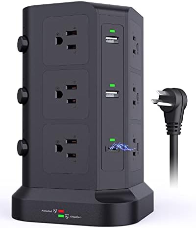 KOOSLA Power Strip Tower – 12 AC Outlets & 6 High-Speed USB Ports with 15 A Surge Protection – 6.5 ft Heavy-Duty Extension Cord for Home Office & Dorm Room – Compact Design for Efficient Power Distribution – Versatile Charging Station for Multiple Devices