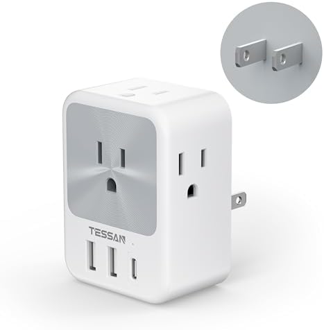 TESSAN Universal Travel Outlet Adapter: 2-Prong to 3-Prong Converter with 4 AC Outlets & 3 USB Ports (1 USB-C) – Essential Power Solution for Global Travelers in Japan, Canada, Mexico, Philippines & China – Maximize Device Charging Efficiency While Ensuring Safety & Compatibility