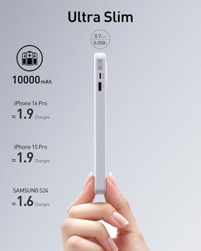 Ultra-Slim 10,000 m Ah Power Bank with 30 W PD Fast Charging & Integrated Retractable USB-C Cable – Perfect for i Phone 16/15, Samsung Galaxy 25/24, Google Pixel, and Mac Book Air – Effortless Portability Meets Stylish Efficiency in Sleek White Design for On-the-Go Charging