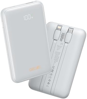 10000 m Ah Portable Power Bank with Built-in Cable – 22.5 W PD Fast Charging, Compact & Lightweight Charger for Apple, Samsung, Google, Motorola – Sleek Grey Design for On-the-Go Convenience and Enhanced Compatibility