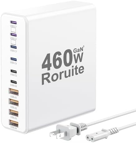 460 W Advanced USB C Charging Hub – 10-Port Fast Charging Station with Ga N III Technology for Mac Book Pro/Air, i Phone, i Pad, Dell, Samsung Galaxy – Dual 65 W Power Adapter for Ultimate Device Versatility – Sleek White Design for Home & Office Efficiency