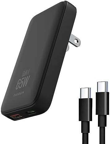 Experience Unmatched Charging Efficiency with the 65 W Ga N Dual-Port USB-C Charger – Foldable Travel Adapter with PD3.0 & PPS Technology, Ideal for Mac Book, i Pad Pro, i Phone, Galaxy S22 & More – Includes 3.28 ft 100 W Cable in Sleek Black for Ultimate Compatibility and Speed Optimization.