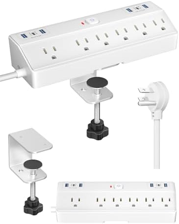 Ultimate Desk Clamp Power Strip with 10 FT Extension Cord – 6 AC Outlets & Dual USB-C Fast Charging Station for Seamless Office Connectivity – Removable Surge Protector for Up to 1.8″ Tabletop – Enhance Your Workspace Efficiency and Stay Powered Up