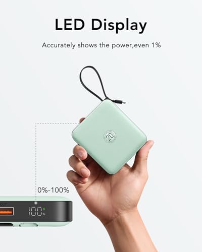 VRURC 10,000 m Ah USB C Portable Charger – Fast Charging Power Bank with Built-in Cable for i Phone 16/15/14, Galaxy S23/S22, Google Pixel & More – Lightweight Green Design for Ultimate Mobility and Reliability