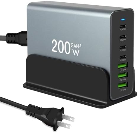 Power Up Your Devices with the 200 W Aluminum Alloy 7-Port USB Charging Station – Featuring 4 PD Type-C and 3 QC A Fast Charging Ports, Maximum 65 W Output for Rapid Charging of Phones, Tablets, and Laptops – Perfect for Home, Office, and Travel Use