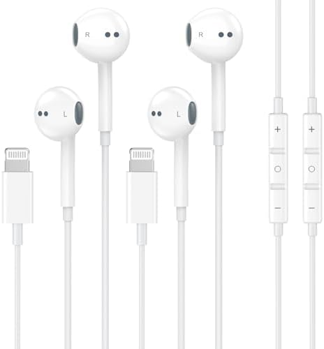 High-Fidelity Wired Earbuds for i Phone – 2-Pack with Advanced Noise Cancellation & Built-In Microphone – Perfectly Compatible with i Phone 14, 13, 12, 11 Pro Max, XS, XR, X, 8, 7 – Ergonomically Crafted for All-Day Comfort & Superior Audio Clarity – Ideal for Music Lovers and Gamers Seeking Exceptional Sound Quality