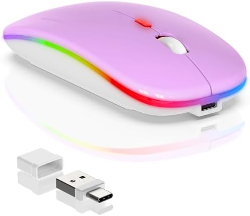 Sleek LED Bluetooth Wireless Mouse for Mac & PC – Rechargeable, RGB Light-Up Design with Dual Connectivity (BT5.2 + 2.4 G USB) – Slim, Portable Mouse with Jiggler Function for Work & Play – Enhanced Performance & Style in White