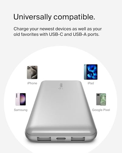 Belkin 10,000 m Ah Portable Charger – Fast Charging USB C Power Bank with Dual USB-A Ports for Multiple Devices, Includes Type-C to Type-A Cable, Compatible with i Phone 16, Samsung Galaxy S25, Nintendo Switch 2, i Pad & More – Lightweight Blue Design for Effortless Portability and Enhanced Power Delivery