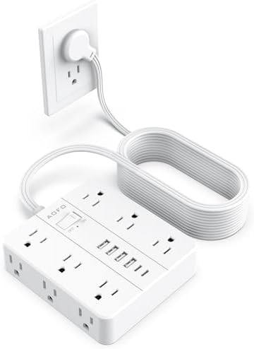 Maximize Your Charging Potential with AOFO 5 Ft Flat Plug Power Strip: 12 Outlet Surge Protector & 6 USB Ports (4 USB-A, 2 USB-C) for Home, Office, and Dorm Use – Reliable, Safe, and Space-Saving Design for All Your Devices