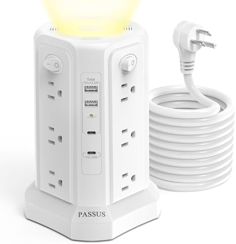 PASSUS 16 FT Long Surge Protector Power Strip with USB-C Fast Charging & Built-in Night Light – Versatile Charging Station for Home & Office with 4 USB Ports, Compact Tower Design, and Enhanced Surge Protection