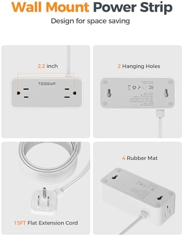 TESSAN 5 FT Flat Plug Extension Cord with 4 AC Outlets, 1 USB-C & 2 USB-A Ports – 900 Joules Surge Protector Power Strip for Home Office & Dorm Room – Maximize Charging Efficiency & Space Savings with Versatile Power Accessory