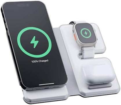 Versatile 3-in-1 Wireless Charging Station – 15 W Foldable Fast Charger for i Phone 15/14/13/12 Series, Apple Watch & Air Pods – Compact Travel Essential with Mag Safe Compatibility & Stylish Design for Seamless Device Powering