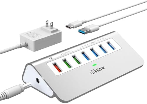 Ultimate 10-Port USB Hub 10 Gbps – Powered Aluminum Data Hub with 7 USB 3.1 Ports & 3 Fast Charging Ports for Mac, PC, and Laptop – 36 W Power Adapter Included, Type A & C Connectivity for Enhanced Performance and Speed