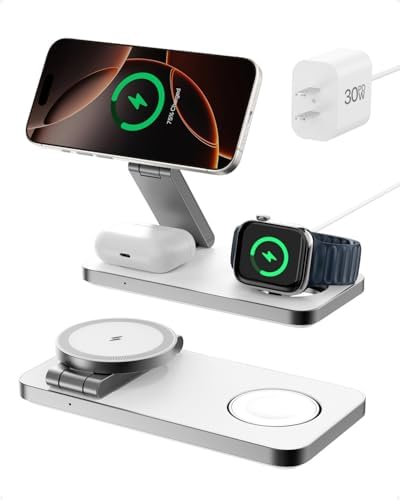 Revolutionary 3-in-1 Foldable Wireless Charging Station – 15 W Qi2-Certified Magnetic Charger for i Phone 16/15/14/13/12, Apple Watch, and Air Pods – Compact Fast Charging Dock with 30 W Adapter for Ultimate Compatibility and Speed – Perfect for Travel and Home Use