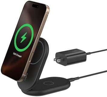 Belkin Foldable Magnetic Wireless Charging Stand – 15 W Fast Charger for i Phone 16 & Galaxy S25 – Qi2-Certified, Portable Design with PSU – Sleek Black Finish for Enhanced Device Compatibility and Effortless Charging Experience