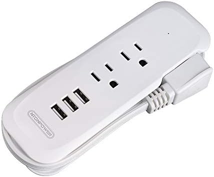 Compact Travel Power Strip with USB Ports – NTONPOWER 2 Outlets & 3 USB Charging Station, 15-Inch Short Extension Cord for Hotels, Airports, and Cruise Ships – Sleek White Design for Ultimate Portability and Enhanced Device Compatibility
