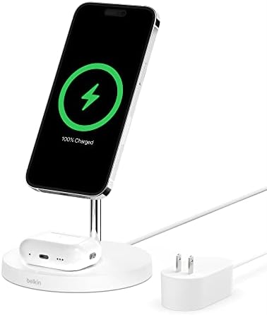 Belkin Mag Safe Dual Device Wireless Charging Stand – Fast Charge Your i Phone 13, 14, 15, 16 & Air Pods Simultaneously – Sleek Design for Home/Office with Enhanced Safety Features – Perfect for Modern Workspaces and Streamlined Daily Charging Needs