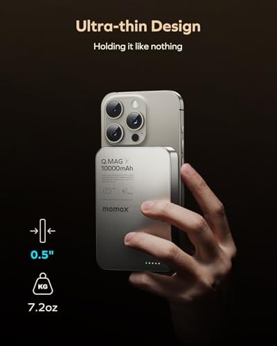 MOMAX 10,000 m Ah Magnetic Power Bank – 20 W Fast Wireless Charger for i Phone 12/13/14/15/16 Series, Mag Safe Compatible, Sleek USB-C Portable Charger with Cable Included for Effortless Power On-The-Go