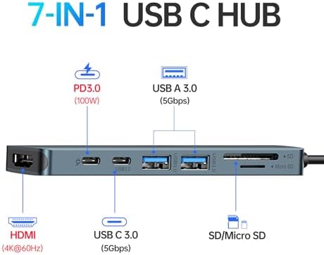 Ultimate 7-in-1 USB C Hub HDMI Adapter for Mac Book Pro & Air – High-Speed 4 K HDMI, Dual USB 3.0, SD/TF Card Reader, and 100 W Power Delivery – Compact and Durable Dongle for Seamless Connectivity with Dell XPS & Lenovo Think Pad