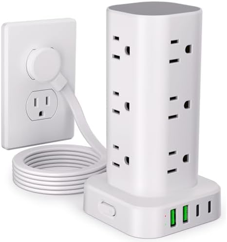 Ultimate Power Strip Tower with 15 W Wireless Charger and 10 FT Extension Cord – 12 AC Outlets & 4 USB Ports (2 USB-C) – Space-Saving Surge Protector for Home, Office, and Dorm Use – Advanced Compatibility for All Devices
